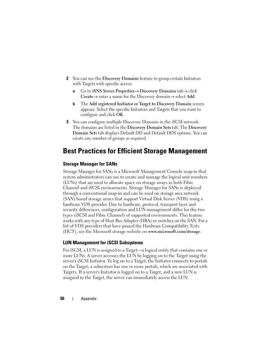 Best practices for efficient storage management, Storage manager for sans, Lun management for iscsi subsystems | Dell PowerVault 700N User Manual | Page 50 / 56