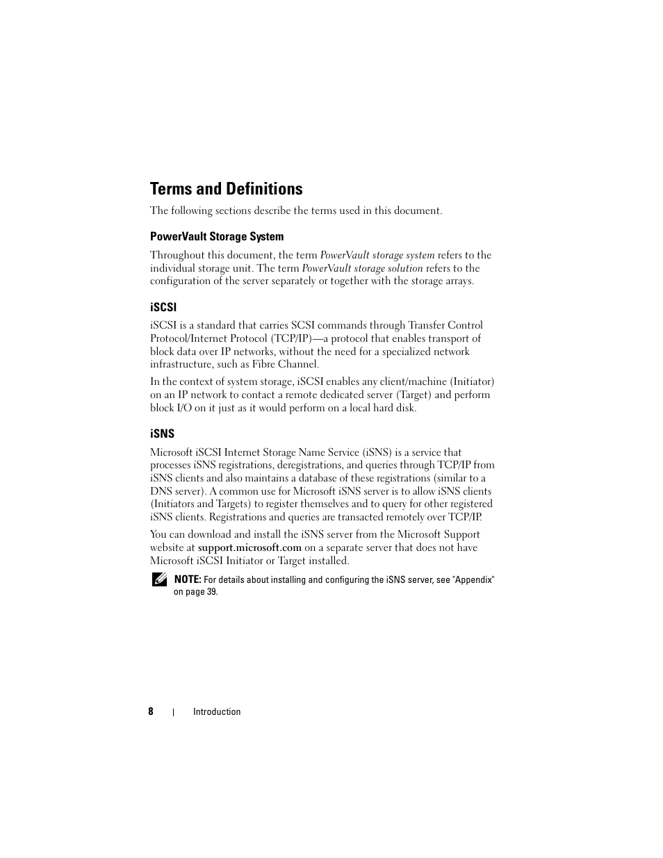 Terms and definitions, Powervault storage system, Iscsi | Isns | Dell PowerVault 700N User Manual | Page 8 / 56