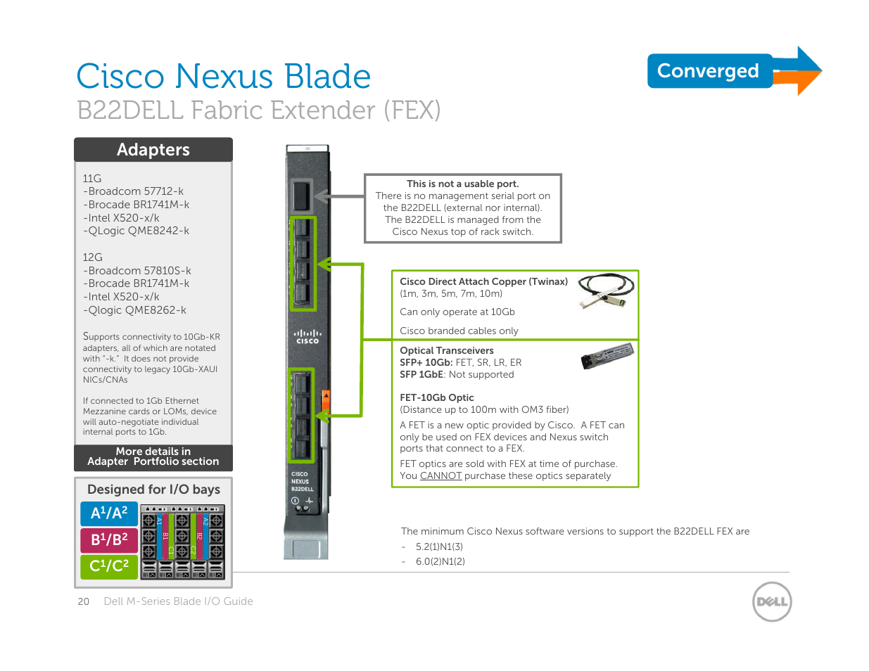 Cisco nexus blade, B22dell fabric extender (fex), Converged | Adapters | Dell POWEREDGE M1000E User Manual | Page 20 / 94