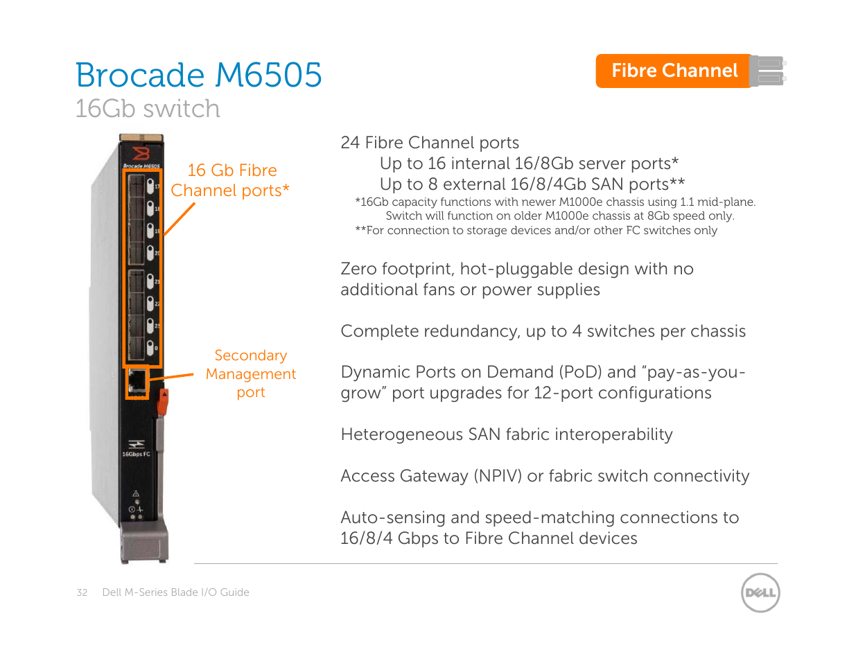 16gb switch – brocade m6505, Brocade m6505, 16gb switch | Dell POWEREDGE M1000E User Manual | Page 32 / 94