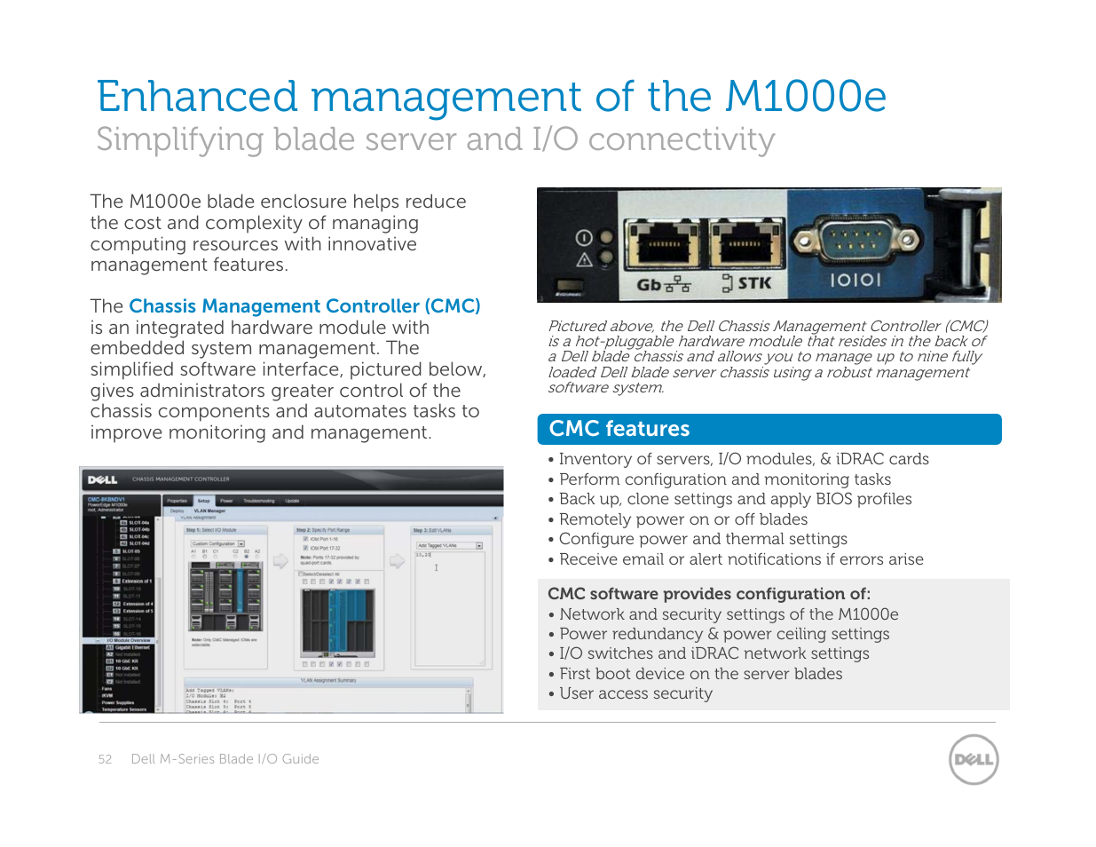 Enhanced management of the m1000e, Simplifying blade server and i/o connectivity | Dell POWEREDGE M1000E User Manual | Page 52 / 94