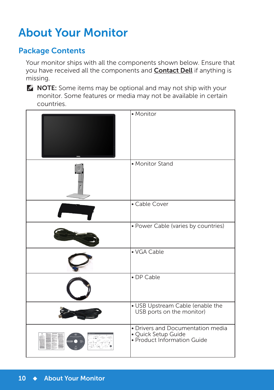 About your monitor, Package contents | Dell P2714H Monitor User Manual | Page 10 / 72