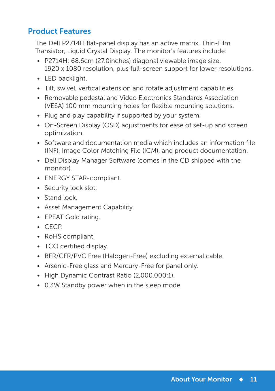 Product features | Dell P2714H Monitor User Manual | Page 11 / 72
