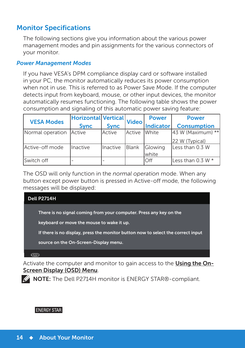 Monitor specifications, Power management modes | Dell P2714H Monitor User Manual | Page 14 / 72