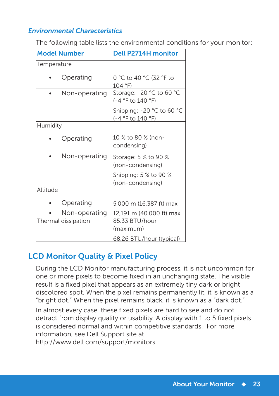 Environmental characteristics, Lcd monitor quality & pixel policy | Dell P2714H Monitor User Manual | Page 23 / 72