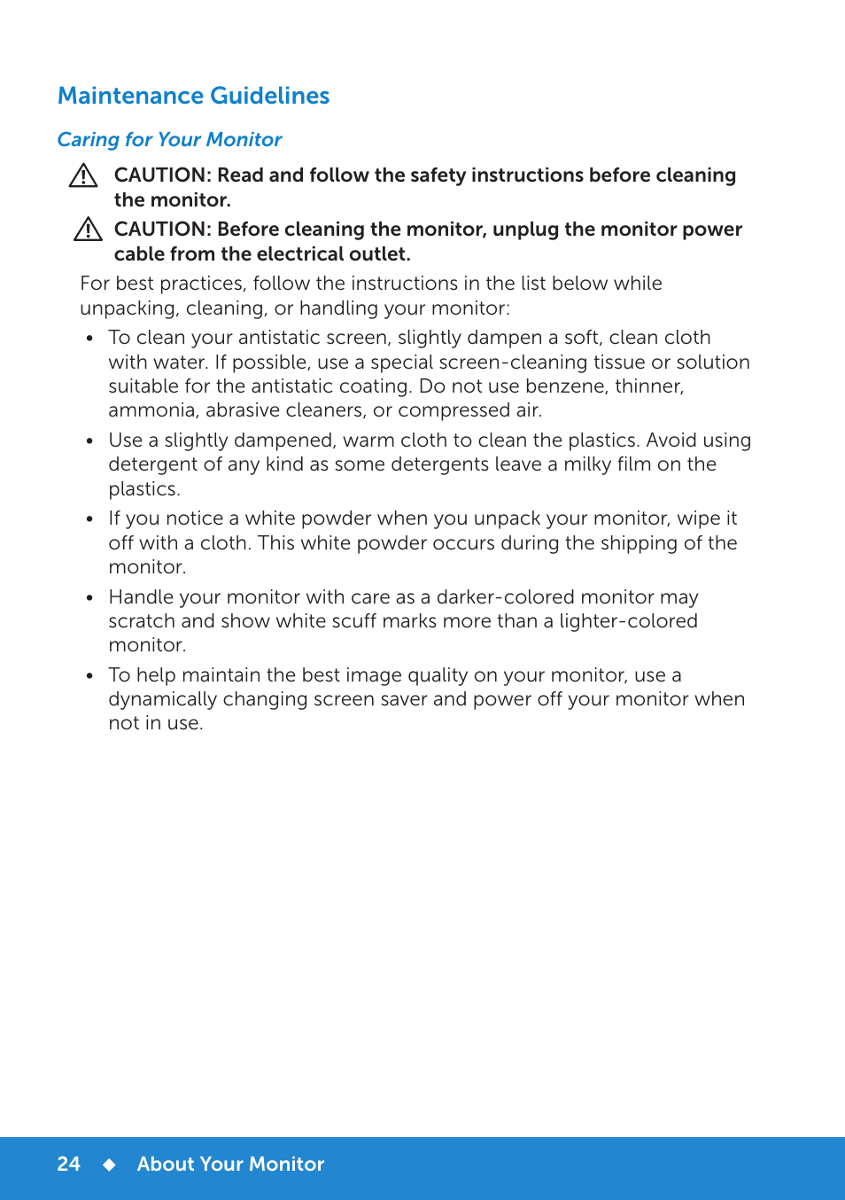 Maintenance guidelines, Caring for your monitor | Dell P2714H Monitor User Manual | Page 24 / 72