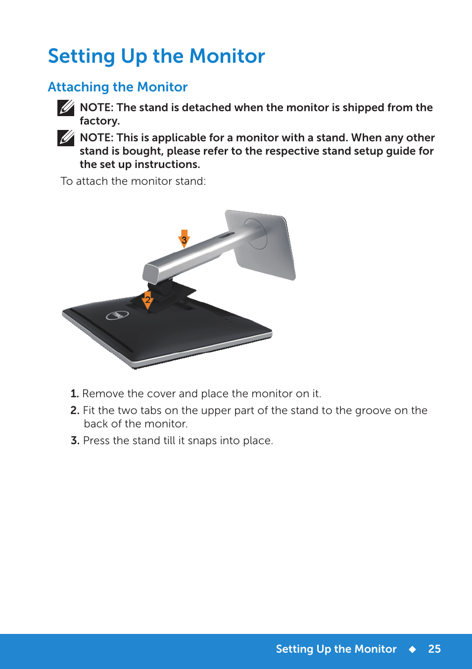 Setting up the monitor, Attaching the monitor | Dell P2714H Monitor User Manual | Page 25 / 72