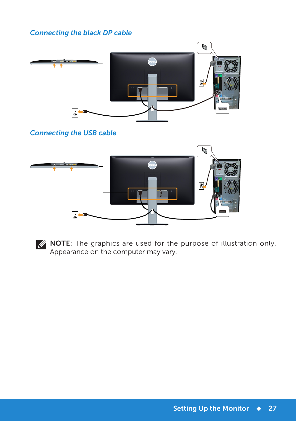 Connecting the black dp cable, Connecting the usb cable | Dell P2714H Monitor User Manual | Page 27 / 72