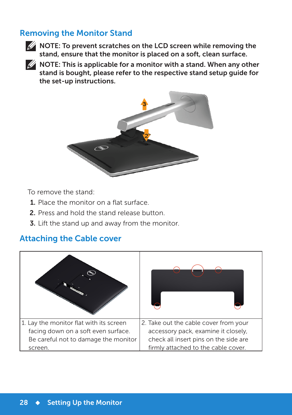 Removing the monitor stand, Attaching the cable cover | Dell P2714H Monitor User Manual | Page 28 / 72