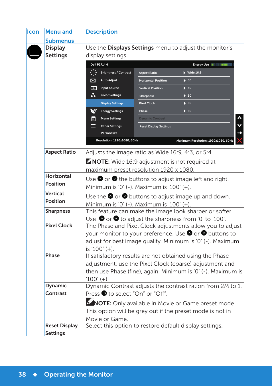 Operating the monitor | Dell P2714H Monitor User Manual | Page 38 / 72