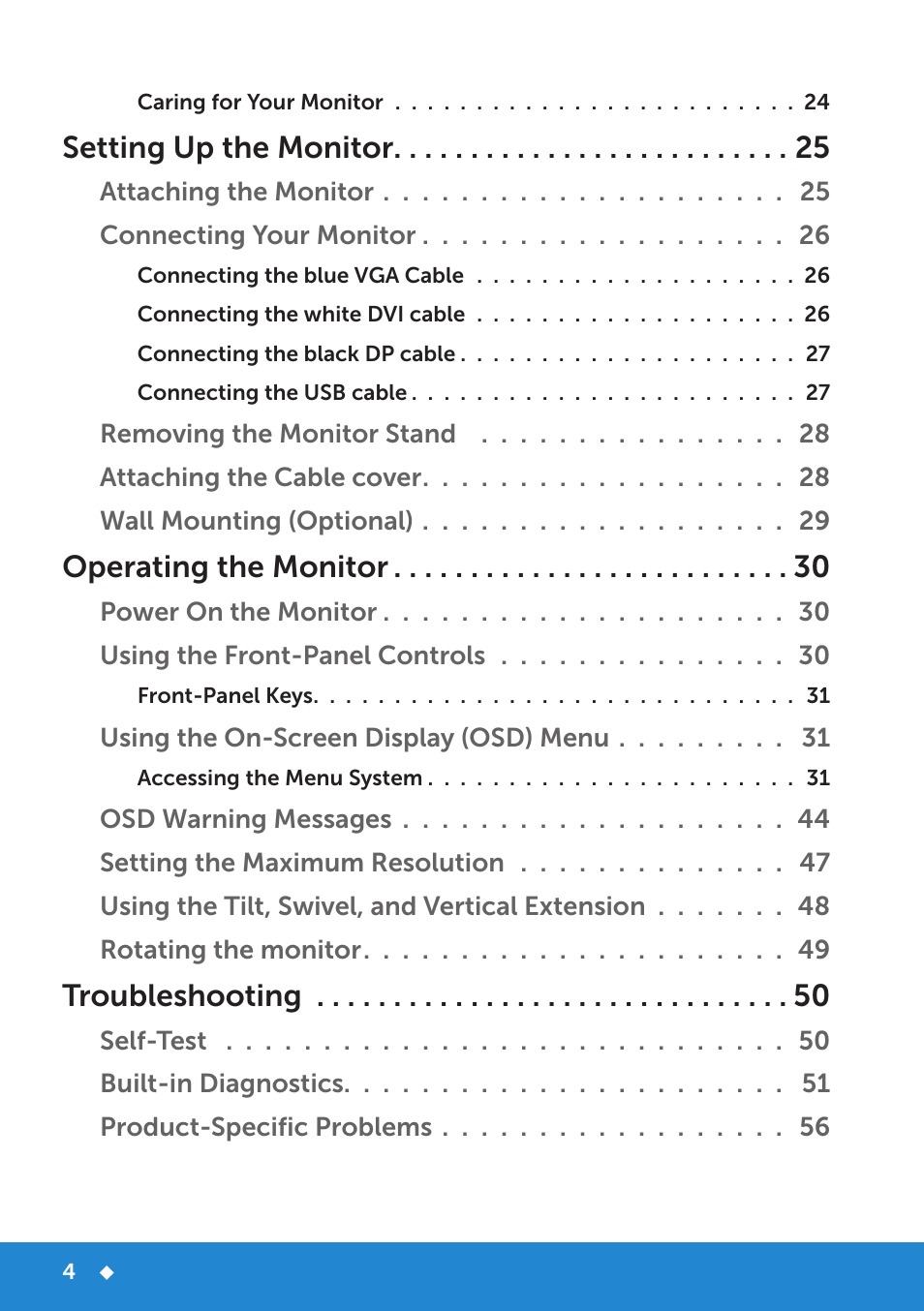 Setting up the monitor, Operating the monitor, Troubleshooting | Dell P2714H Monitor User Manual | Page 4 / 72