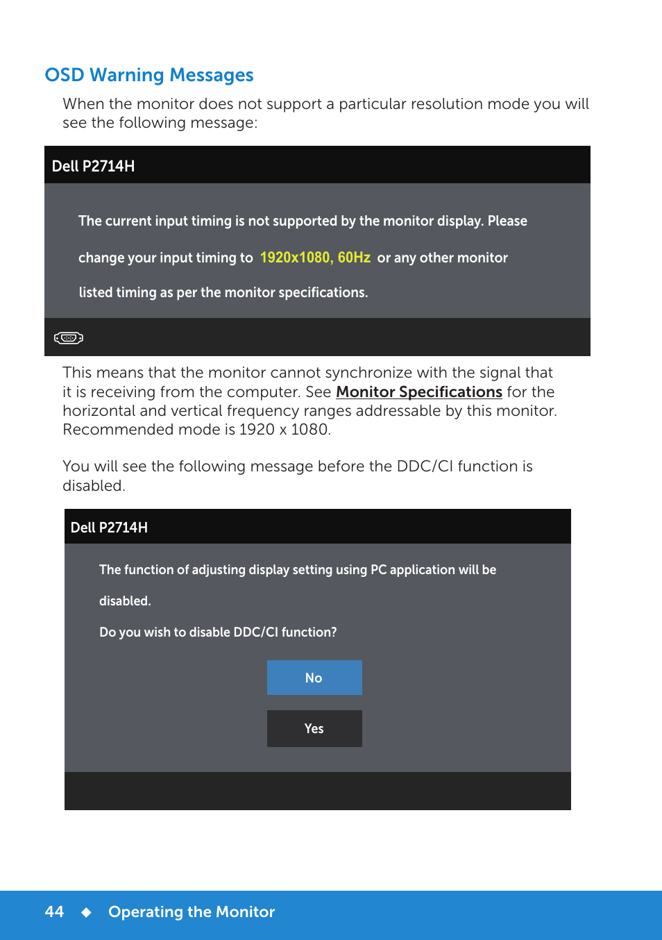 Osd warning messages | Dell P2714H Monitor User Manual | Page 44 / 72