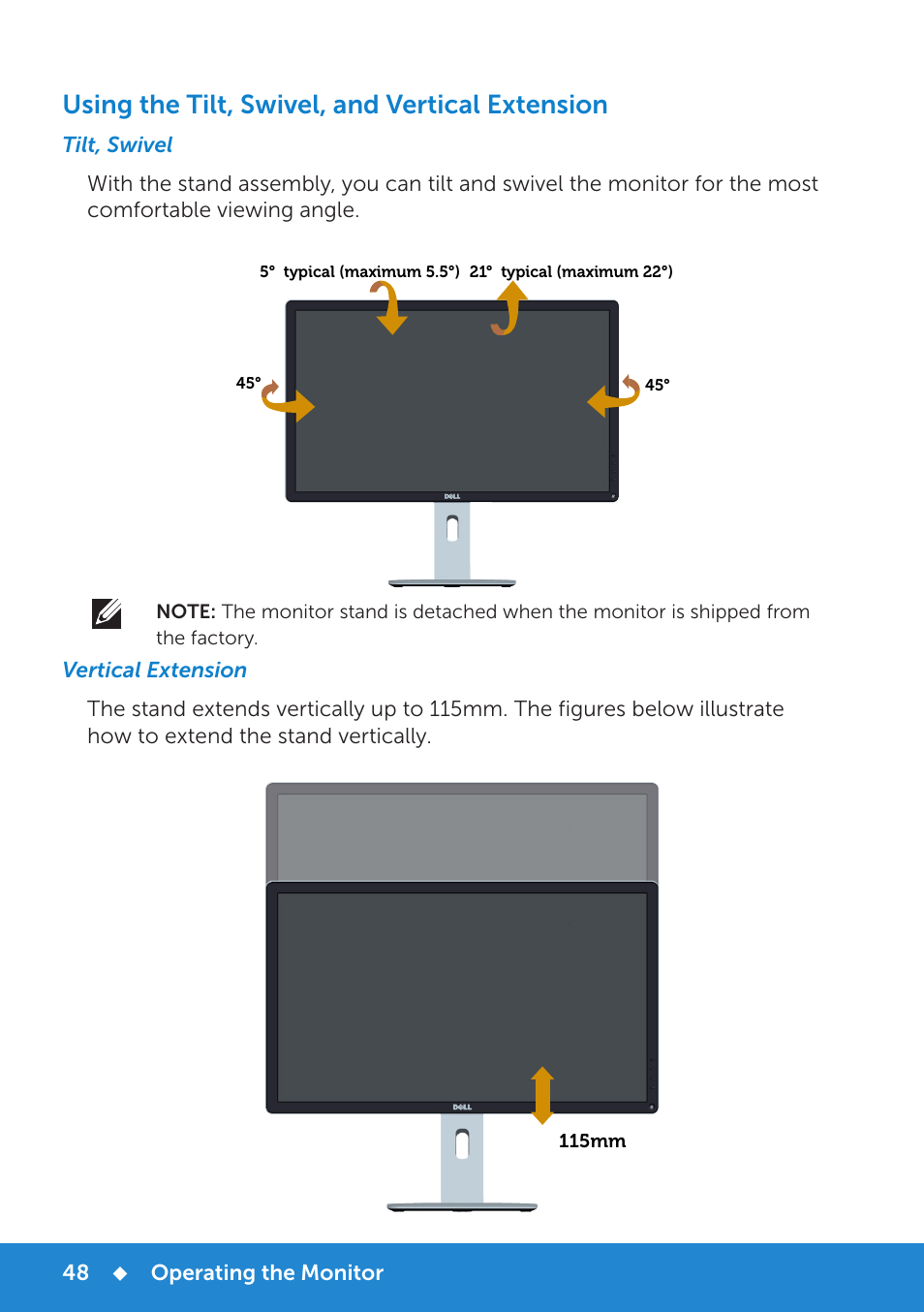 Using the tilt, swivel, and vertical extension | Dell P2714H Monitor User Manual | Page 48 / 72