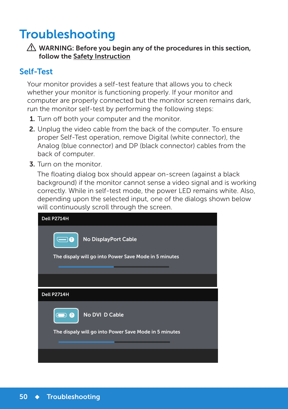 Troubleshooting, Self-test | Dell P2714H Monitor User Manual | Page 50 / 72