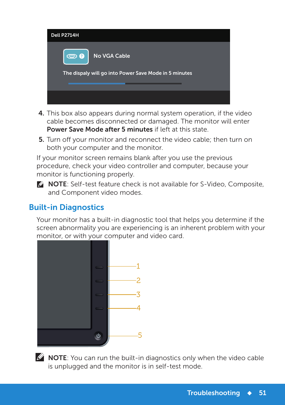 Built-in diagnostics | Dell P2714H Monitor User Manual | Page 51 / 72