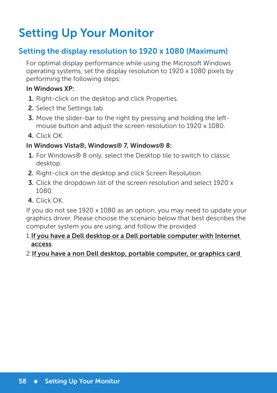 Setting up your monitor | Dell P2714H Monitor User Manual | Page 58 / 72