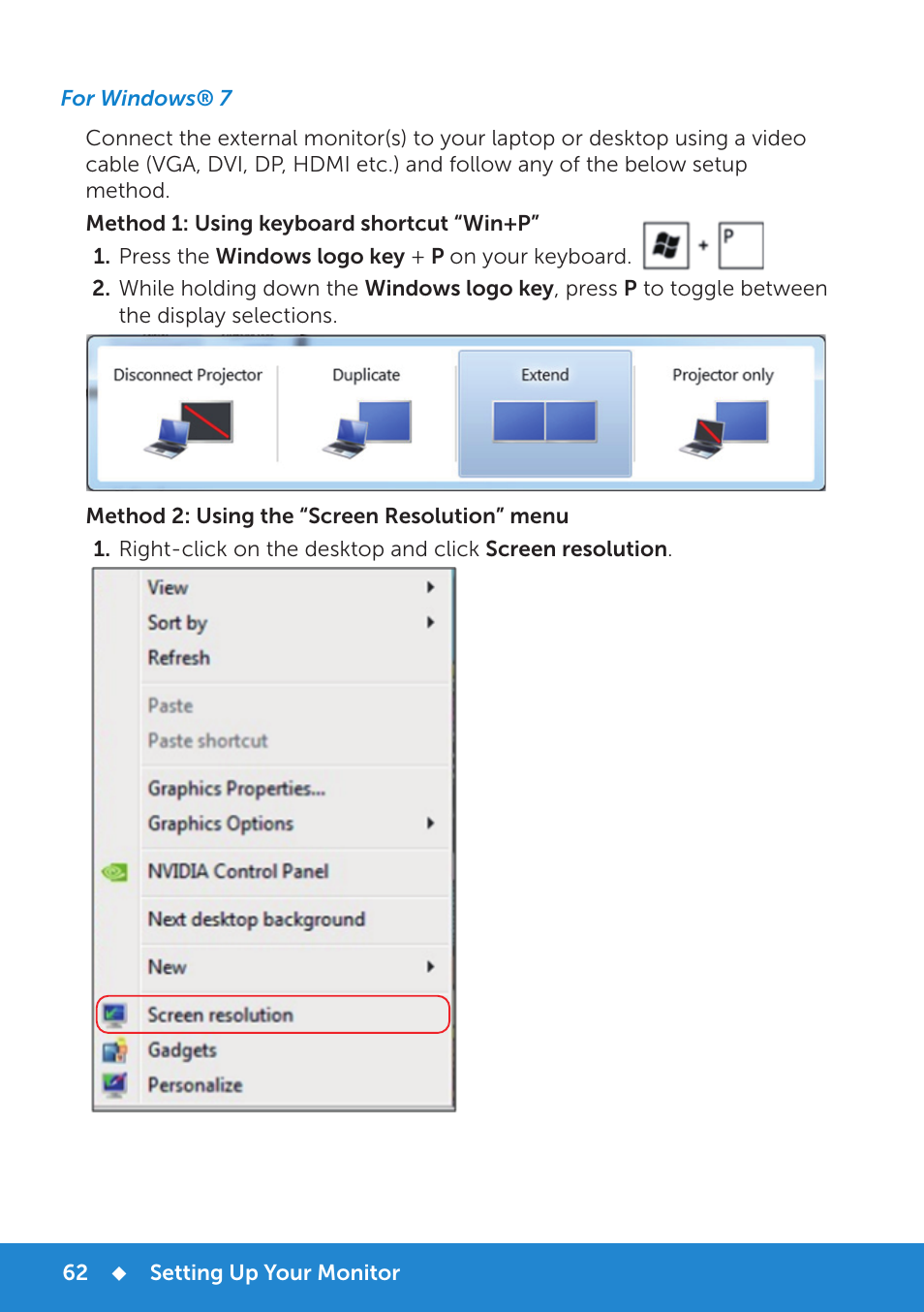 For windows® 7 | Dell P2714H Monitor User Manual | Page 62 / 72