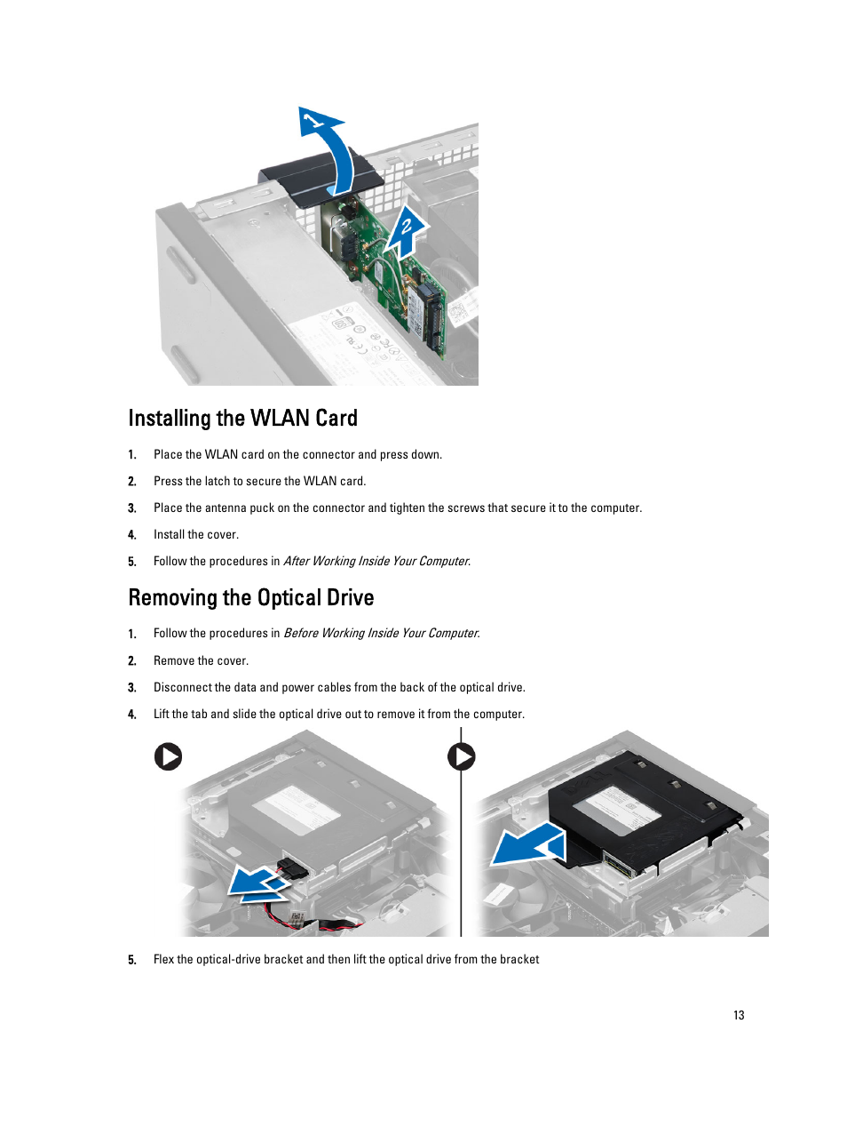 Installing the wlan card, Removing the optical drive | Dell Precision T1700 (Mid 2013) User Manual | Page 13 / 59