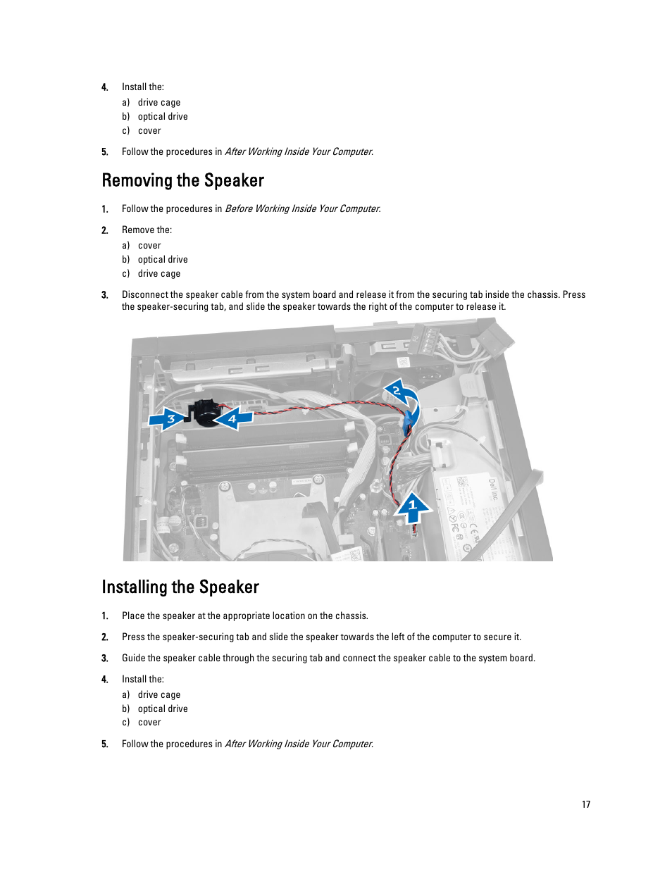 Removing the speaker, Installing the speaker | Dell Precision T1700 (Mid 2013) User Manual | Page 17 / 59