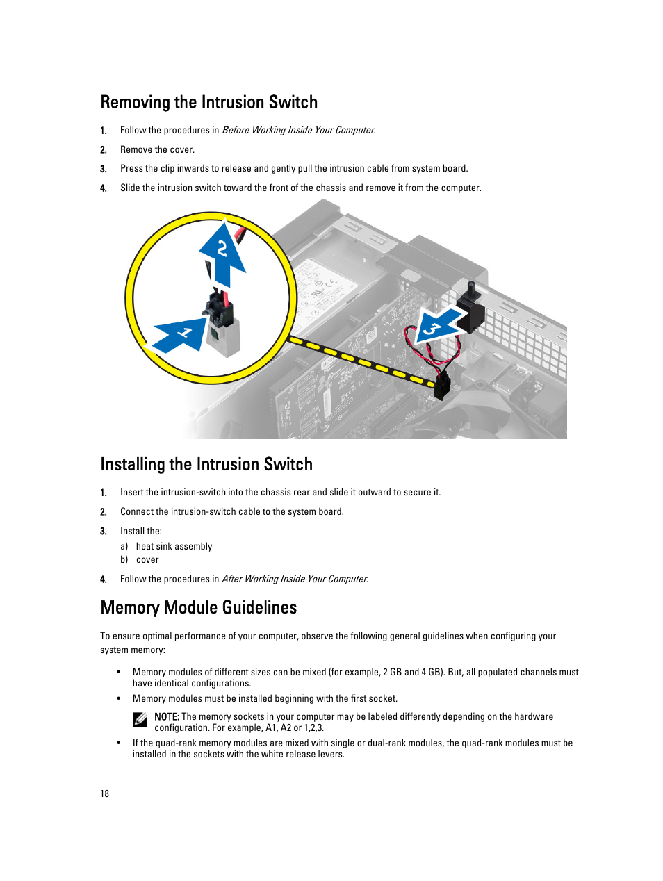 Removing the intrusion switch, Installing the intrusion switch, Memory module guidelines | Dell Precision T1700 (Mid 2013) User Manual | Page 18 / 59
