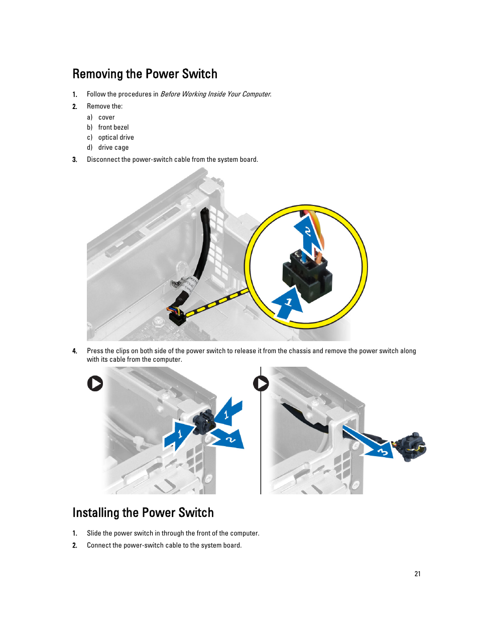 Removing the power switch, Installing the power switch | Dell Precision T1700 (Mid 2013) User Manual | Page 21 / 59