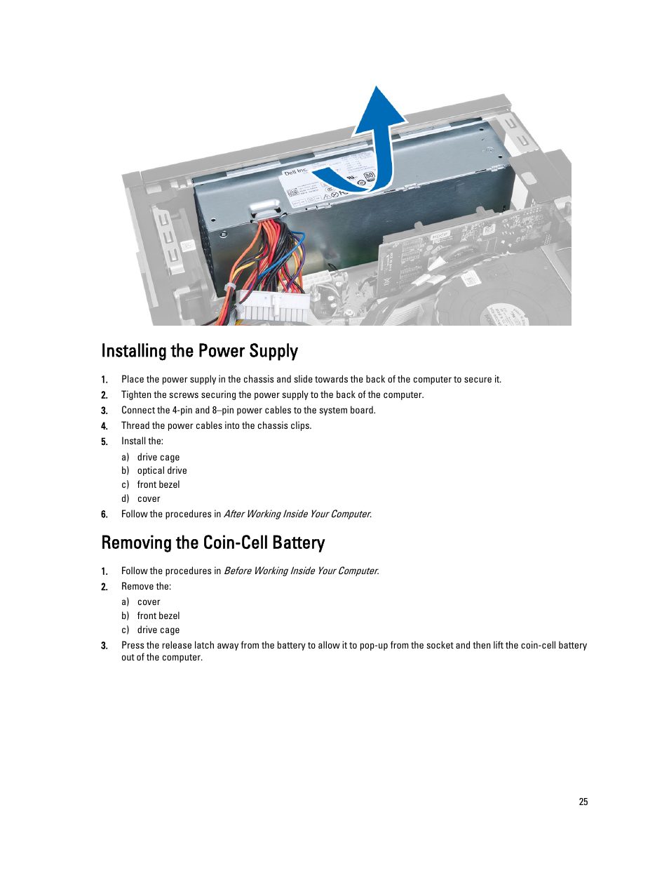 Installing the power supply, Removing the coin-cell battery | Dell Precision T1700 (Mid 2013) User Manual | Page 25 / 59