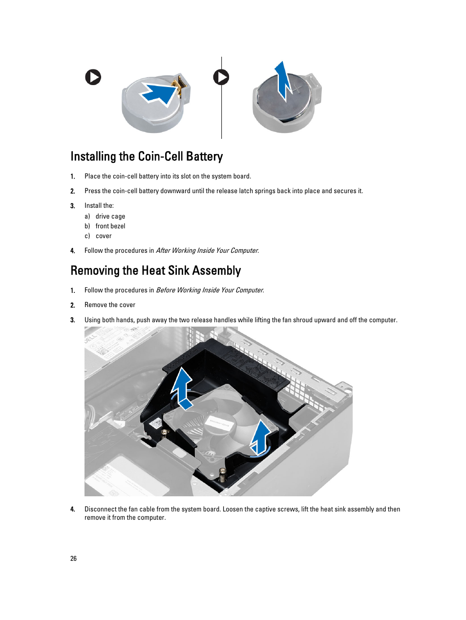 Installing the coin-cell battery, Removing the heat sink assembly | Dell Precision T1700 (Mid 2013) User Manual | Page 26 / 59
