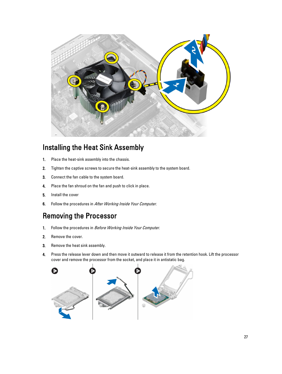 Installing the heat sink assembly, Removing the processor | Dell Precision T1700 (Mid 2013) User Manual | Page 27 / 59