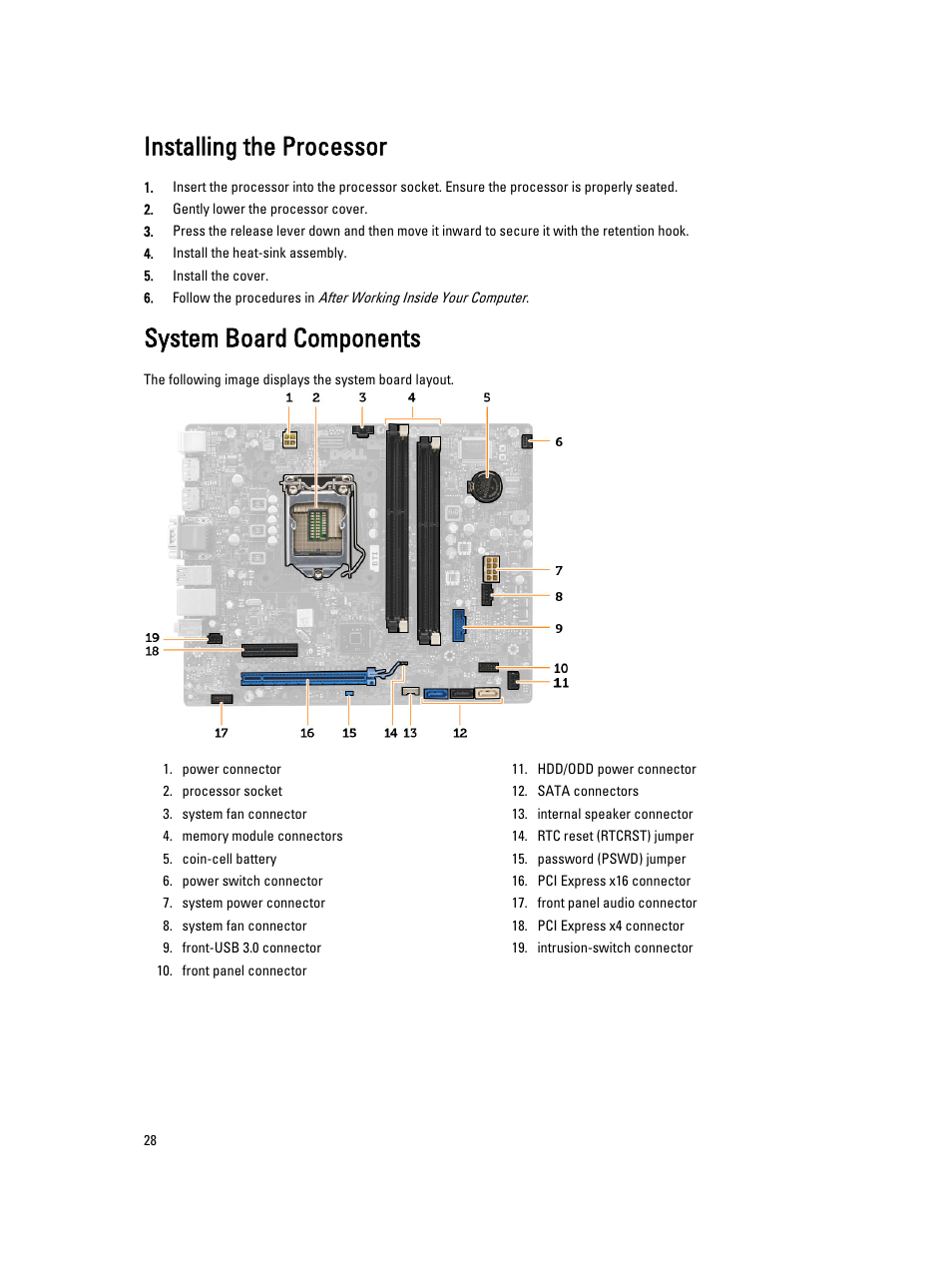 Installing the processor, System board components | Dell Precision T1700 (Mid 2013) User Manual | Page 28 / 59