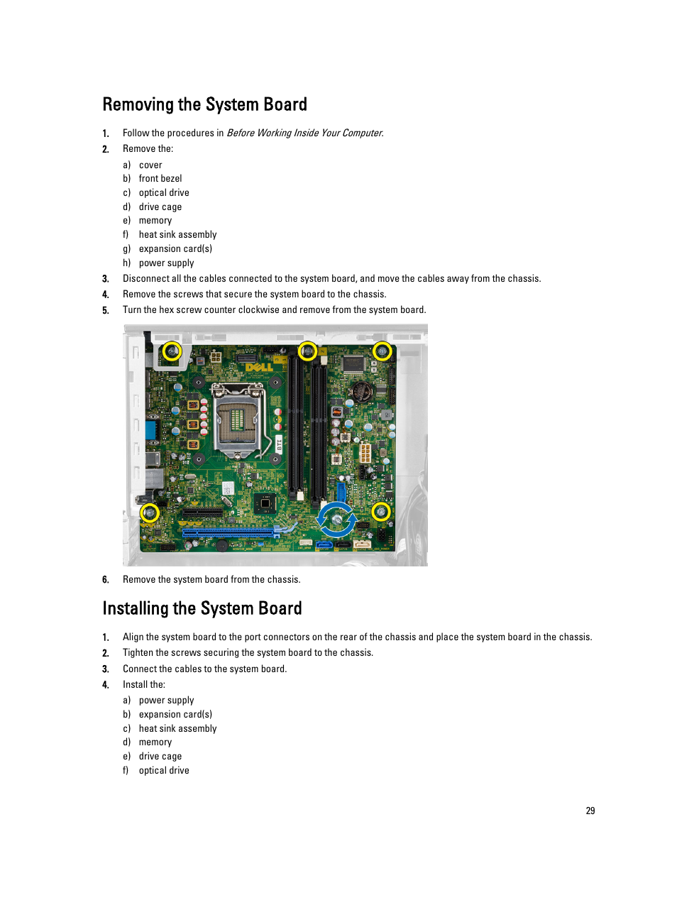 Removing the system board, Installing the system board | Dell Precision T1700 (Mid 2013) User Manual | Page 29 / 59