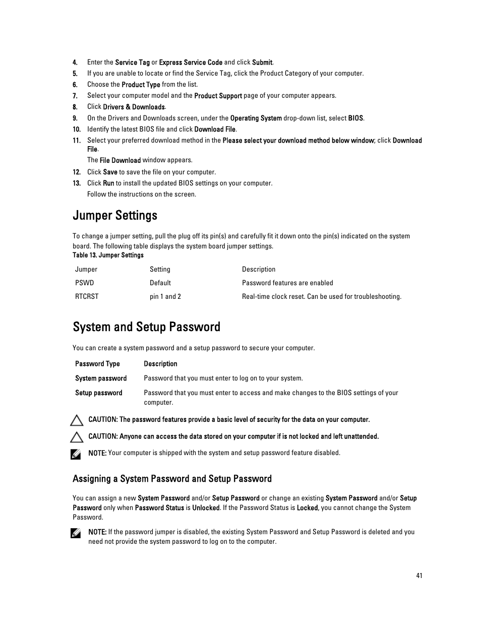 Jumper settings, System and setup password, Assigning a system password and setup password | Dell Precision T1700 (Mid 2013) User Manual | Page 41 / 59