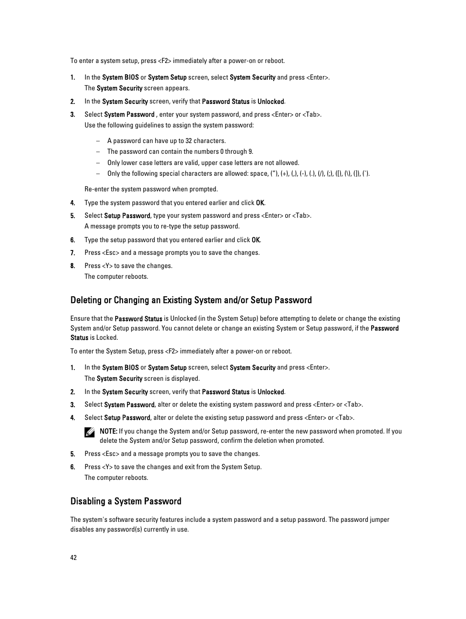 Disabling a system password | Dell Precision T1700 (Mid 2013) User Manual | Page 42 / 59