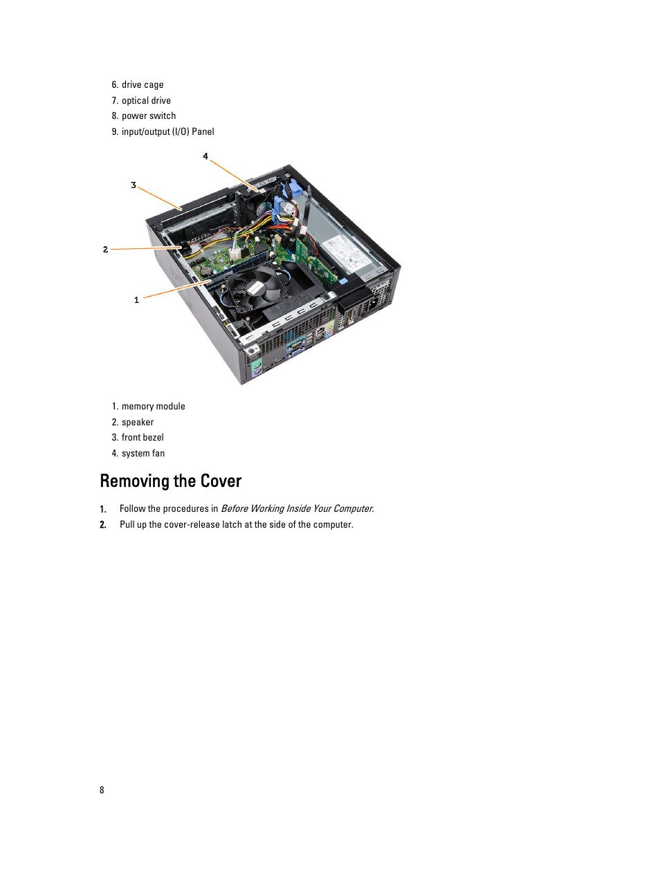 Removing the cover | Dell Precision T1700 (Mid 2013) User Manual | Page 8 / 59