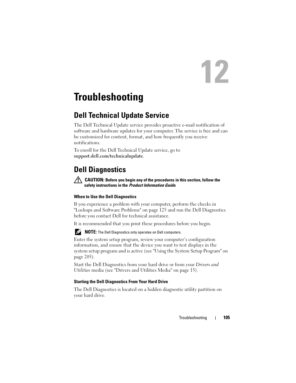 Troubleshooting, Dell technical update service, Dell diagnostics | Dell Vostro 1700 (Early 2009) User Manual | Page 105 / 240