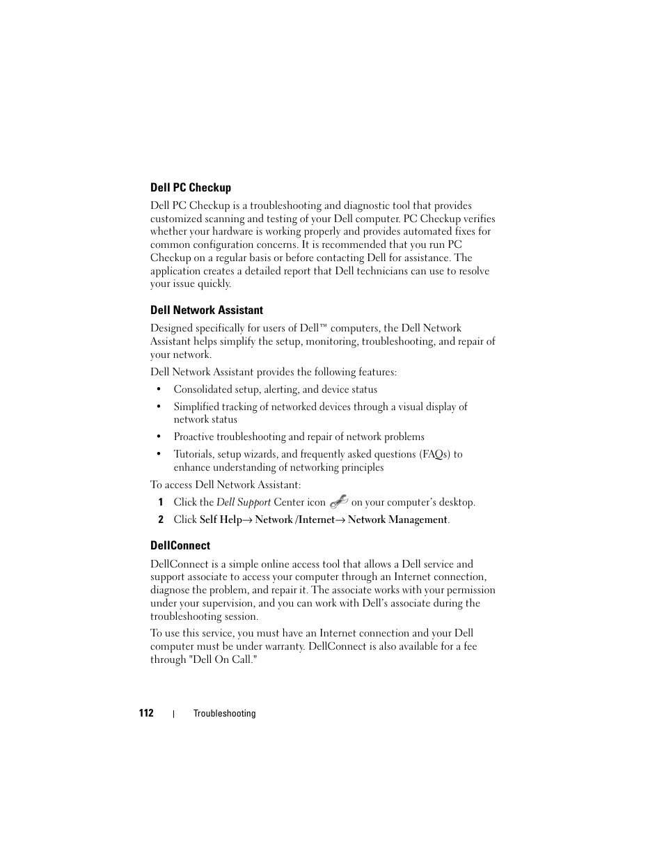 Dell pc checkup, Dell network assistant, Dellconnect | Dell Vostro 1700 (Early 2009) User Manual | Page 112 / 240