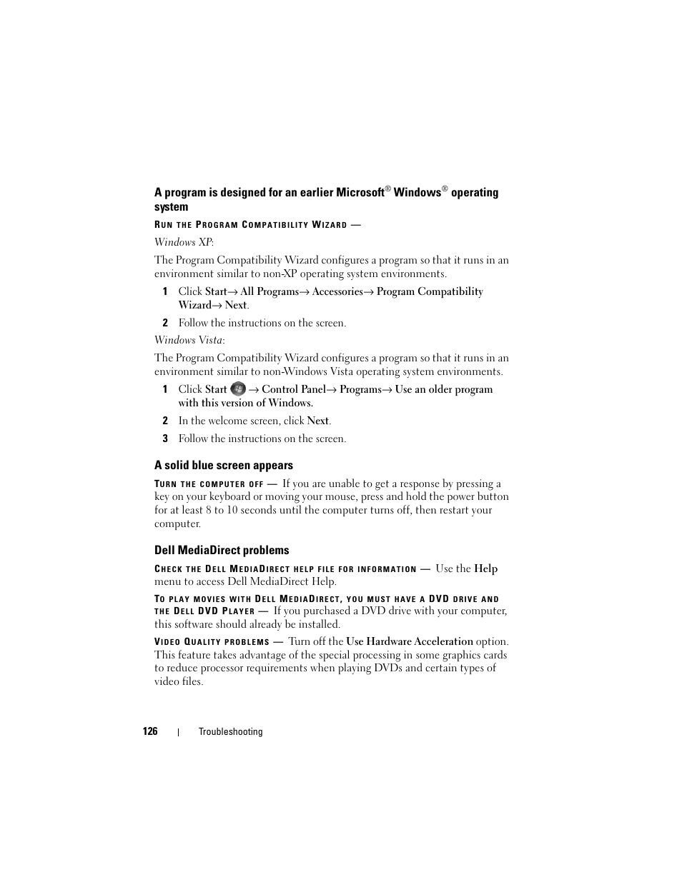 A solid blue screen appears, Dell mediadirect problems, A program is designed for an earlier microsoft | Windows, Operating system | Dell Vostro 1700 (Early 2009) User Manual | Page 126 / 240