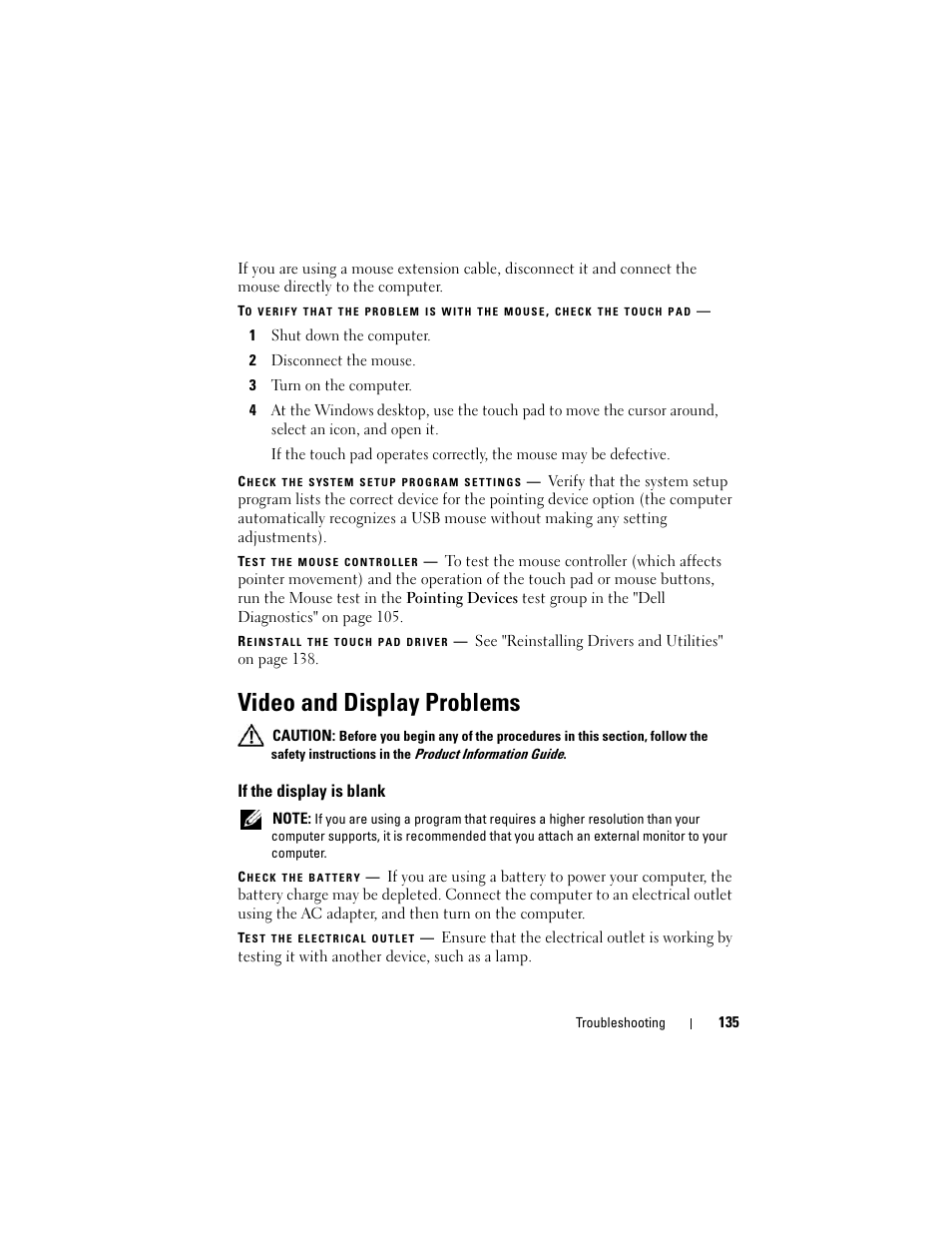 Video and display problems, If the display is blank | Dell Vostro 1700 (Early 2009) User Manual | Page 135 / 240