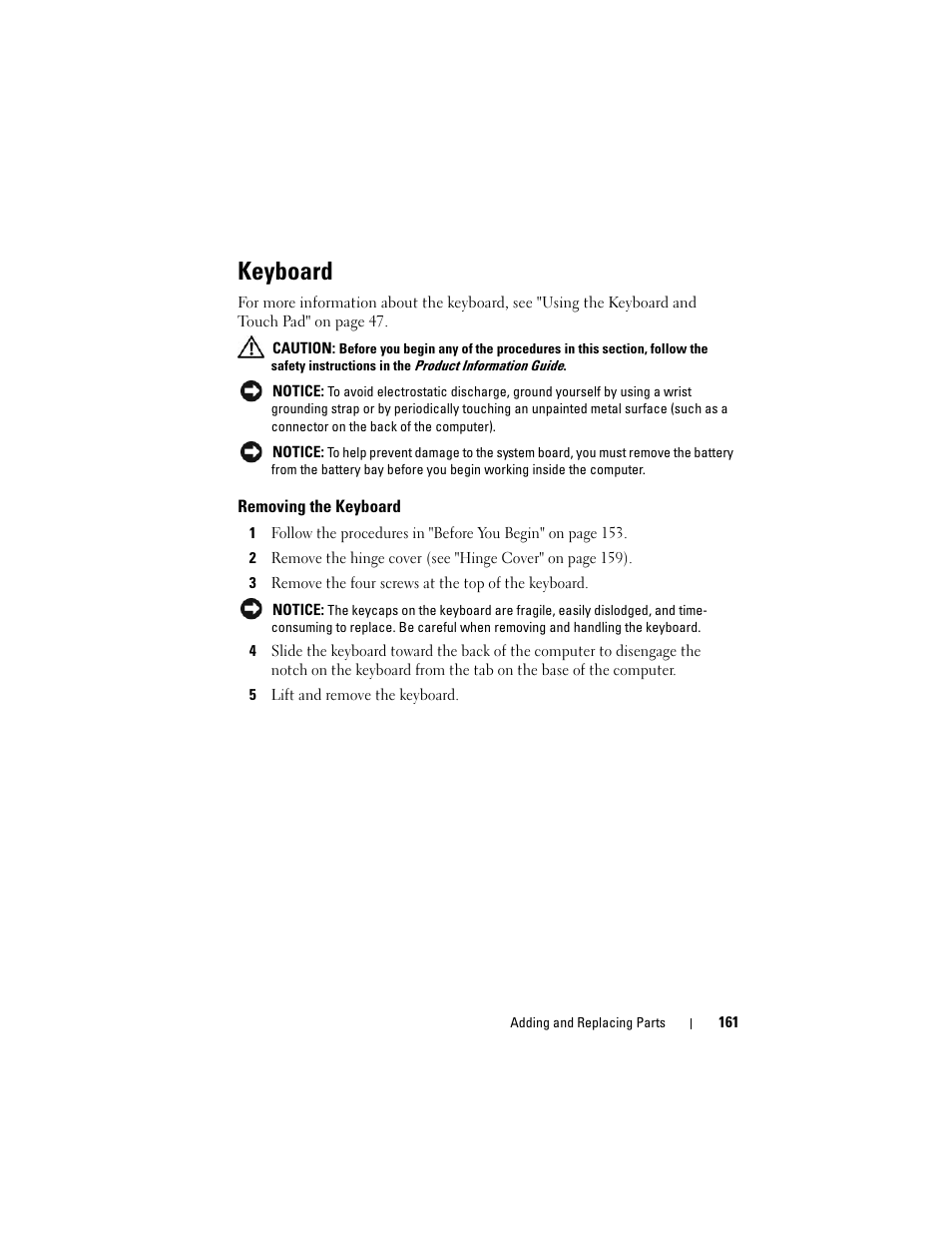 Keyboard, Removing the keyboard | Dell Vostro 1700 (Early 2009) User Manual | Page 161 / 240