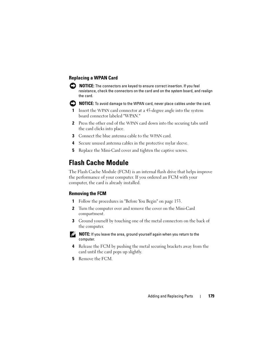 Replacing a wpan card, Flash cache module, Removing the fcm | Dell Vostro 1700 (Early 2009) User Manual | Page 179 / 240