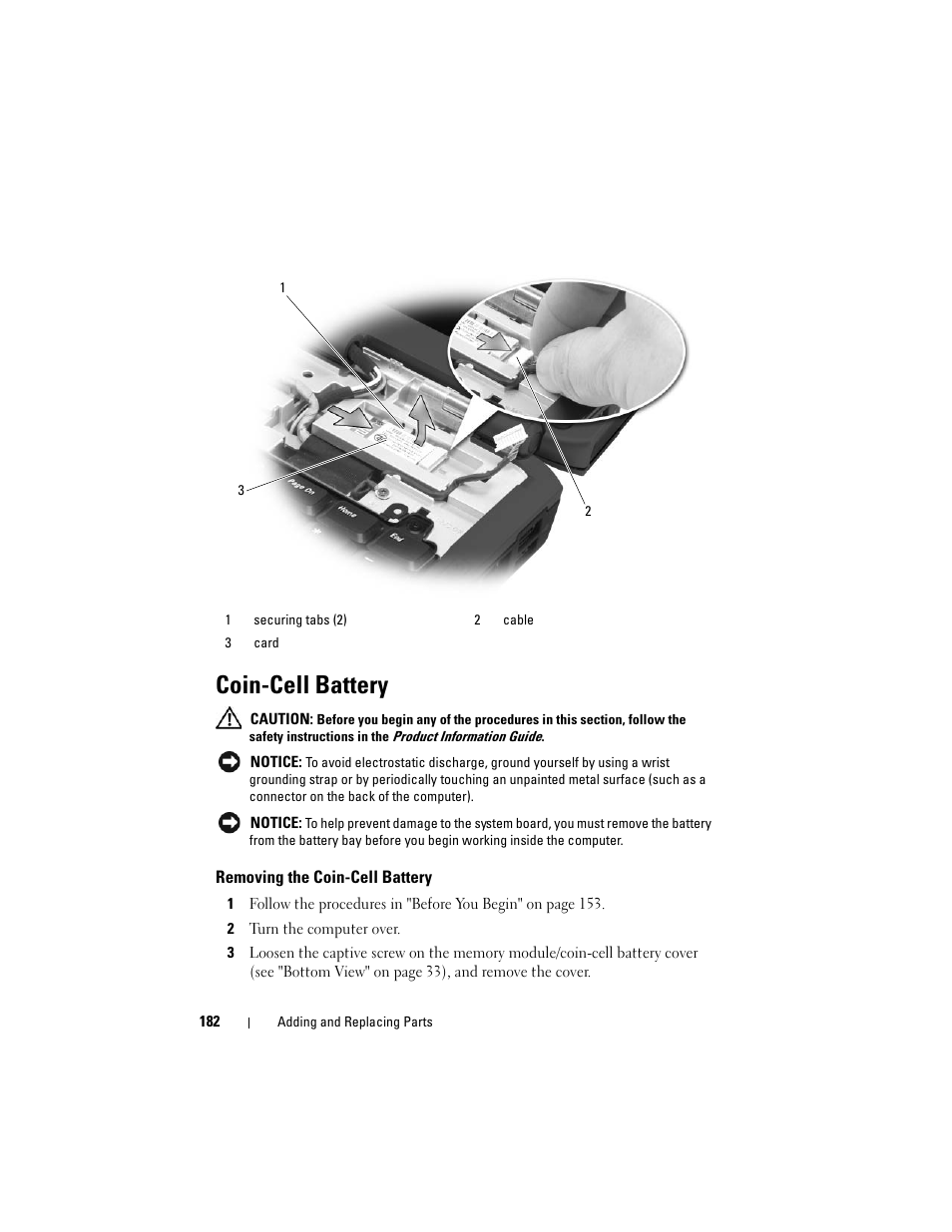 Coin-cell battery, Removing the coin-cell battery | Dell Vostro 1700 (Early 2009) User Manual | Page 182 / 240