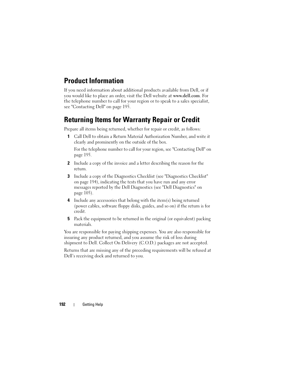 Product information, Returning items for warranty repair or credit | Dell Vostro 1700 (Early 2009) User Manual | Page 192 / 240