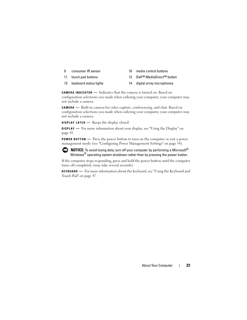Camera indicator (opti, Camera (optional), Display latch | Display, Power button, Keyboard | Dell Vostro 1700 (Early 2009) User Manual | Page 23 / 240