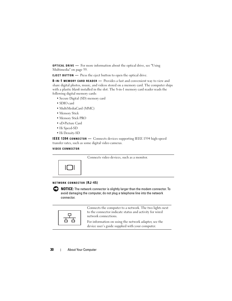 Network connector (rj-45), Video connector, Ieee 1394 connector | In-1 memory card reader, Eject button, Optical drive | Dell Vostro 1700 (Early 2009) User Manual | Page 30 / 240