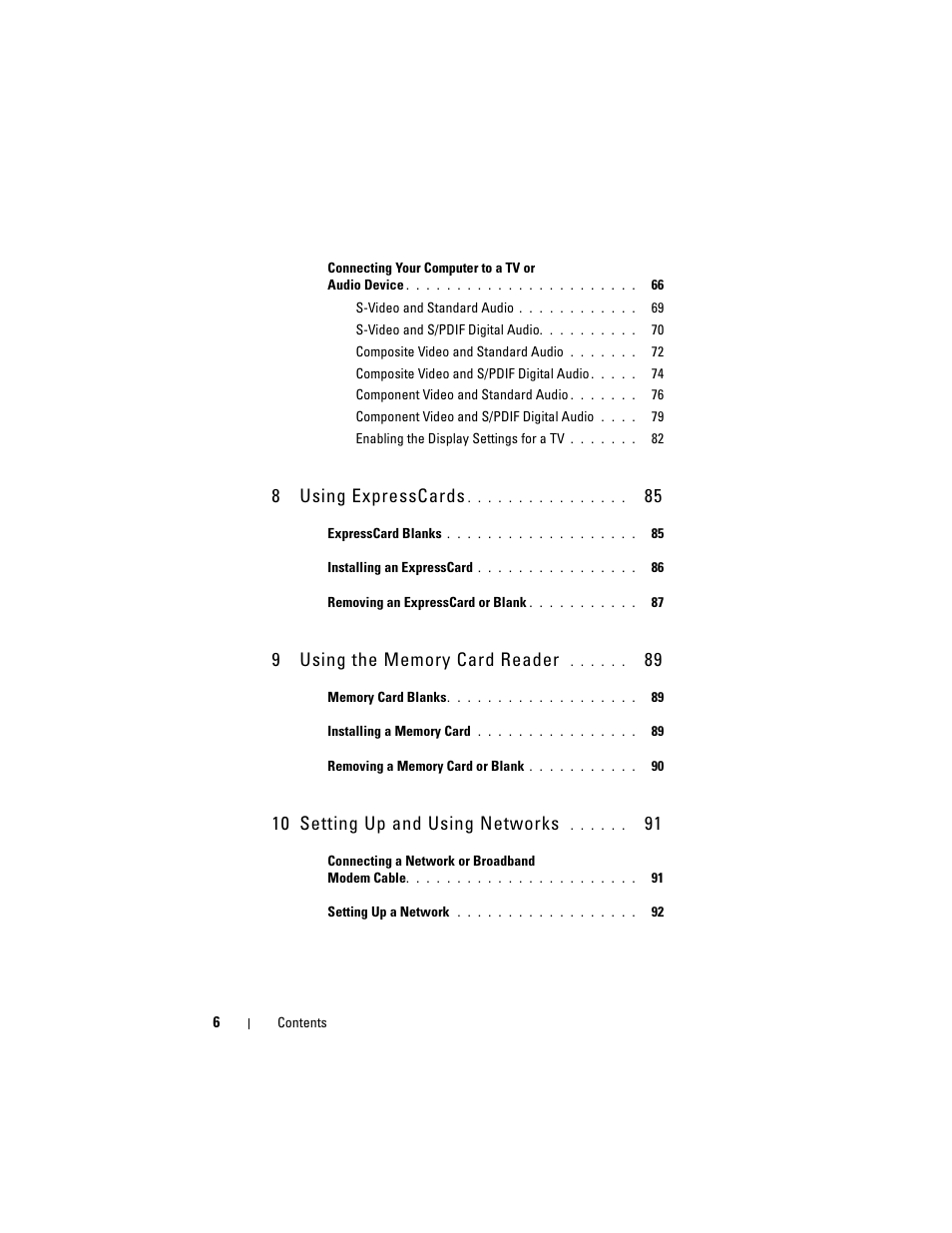 8using expresscards, 10 setting up and using networks | Dell Vostro 1700 (Early 2009) User Manual | Page 6 / 240