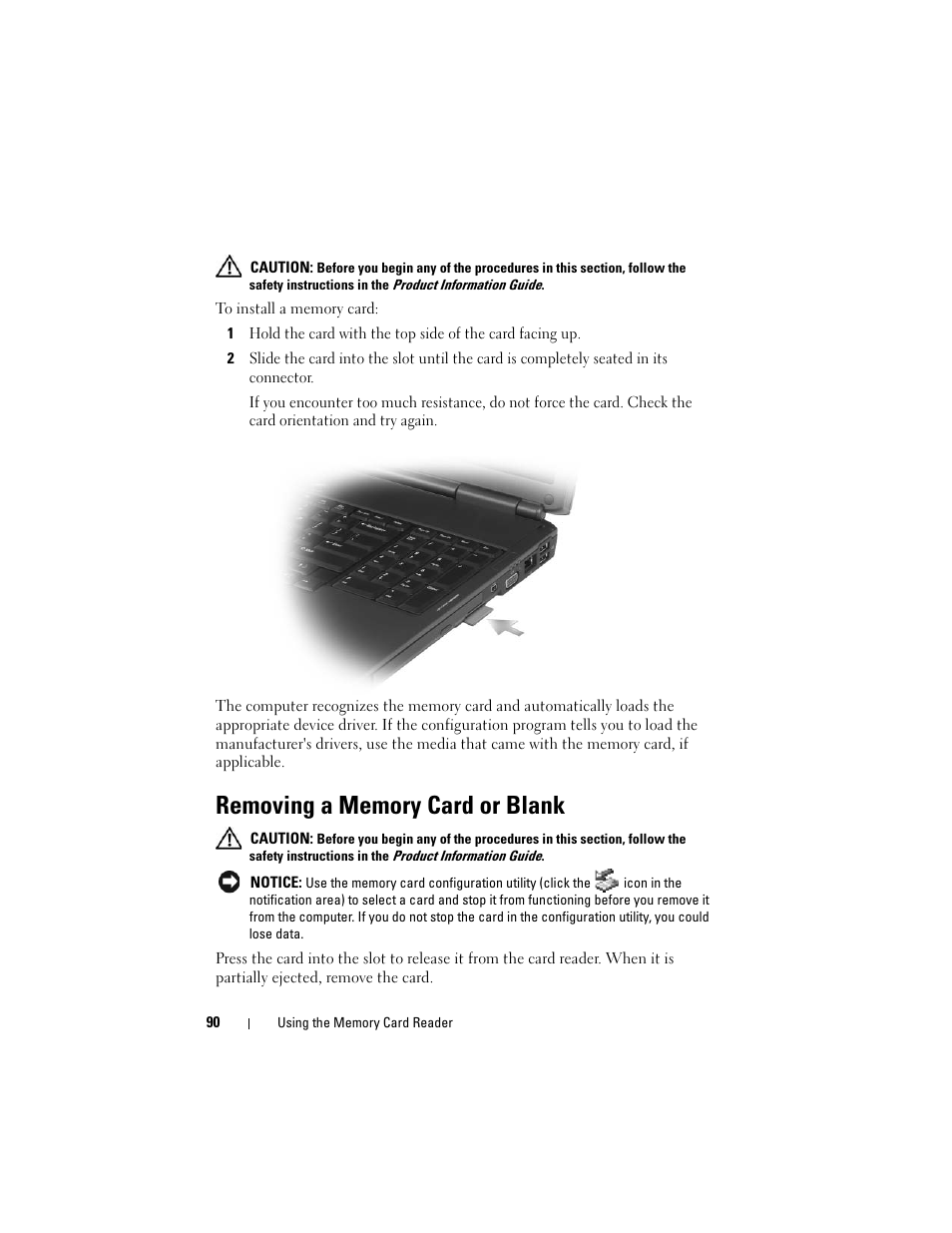 Removing a memory card or blank | Dell Vostro 1700 (Early 2009) User Manual | Page 90 / 240