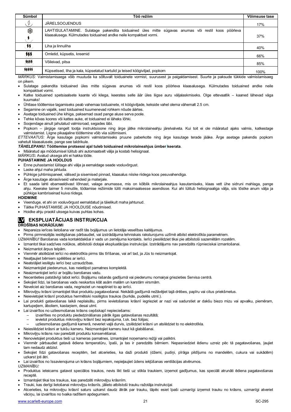 Lv ekspluat cijas instrukcija | Scarlett SC-295 User Manual | Page 21 / 31