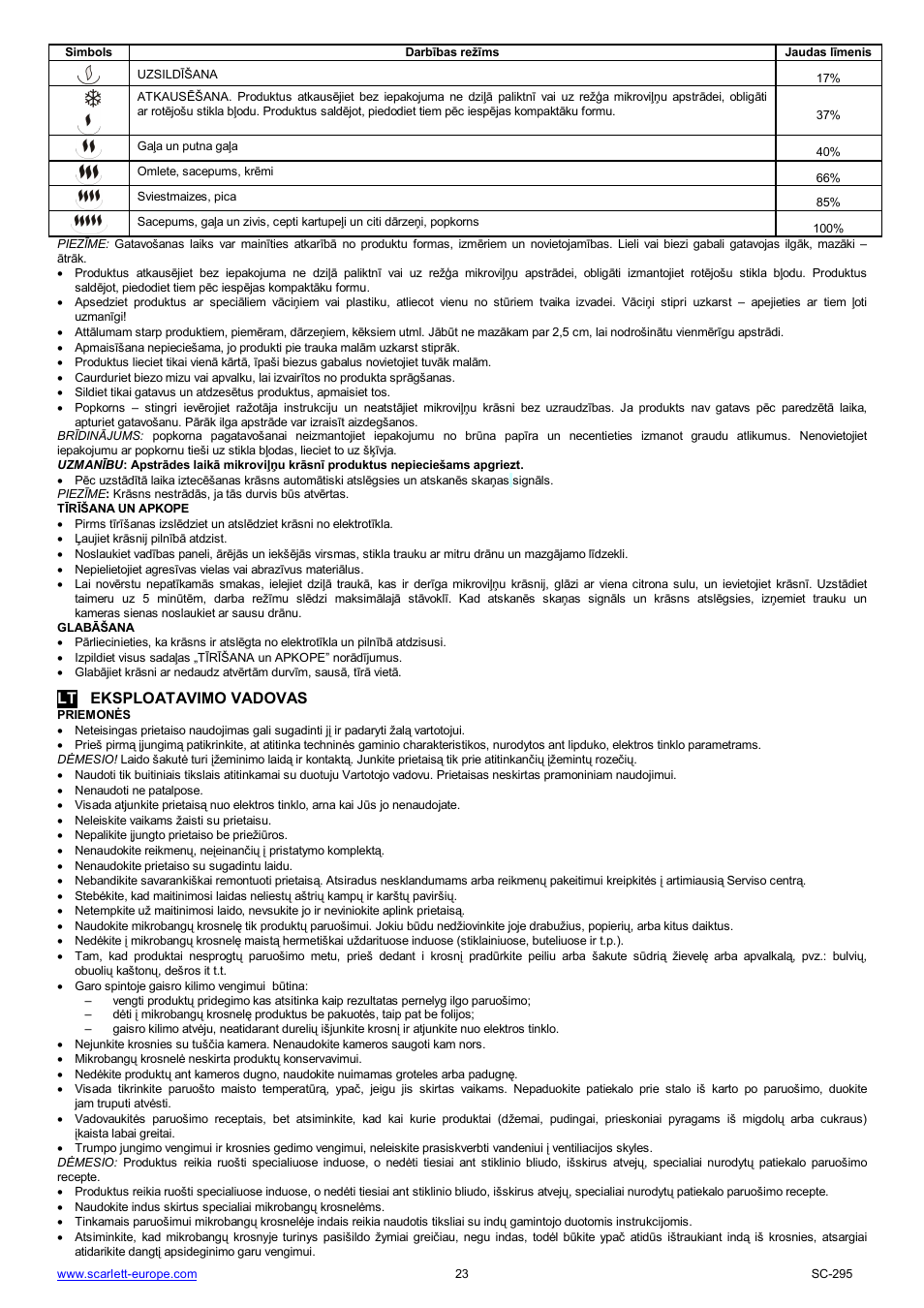 Lt eksploatavimo vadovas | Scarlett SC-295 User Manual | Page 23 / 31