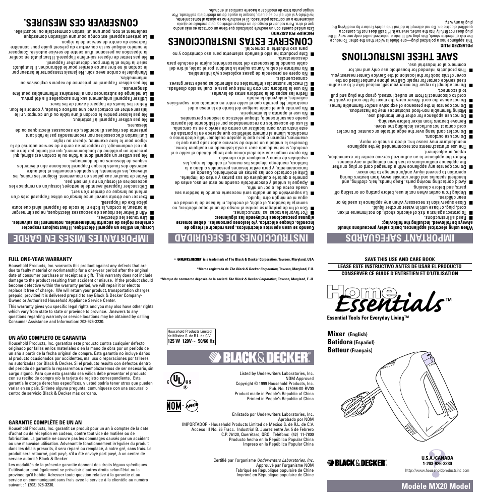 Warranty, Important safeguards, Save these instructions | Instrucciones de seguridad, Conserve estas instrucciones, Importantes mises en garde, Conserver ces mesures, Modèle mx20 model, Mixer, Batidora | Black & Decker MX20 User Manual | Page 3 / 9