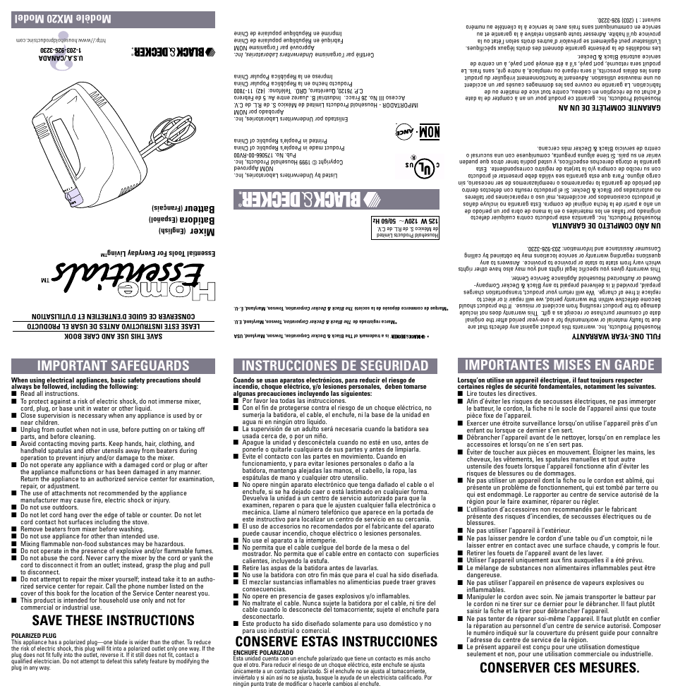 Important safeguards, Save these instructions, Instrucciones de seguridad | Conserve estas instrucciones, Importantes mises en garde, Conserver ces mesures, Modèle mx20 model, Mixer, Batidora, Batteur | Black & Decker MX20 User Manual | Page 5 / 9