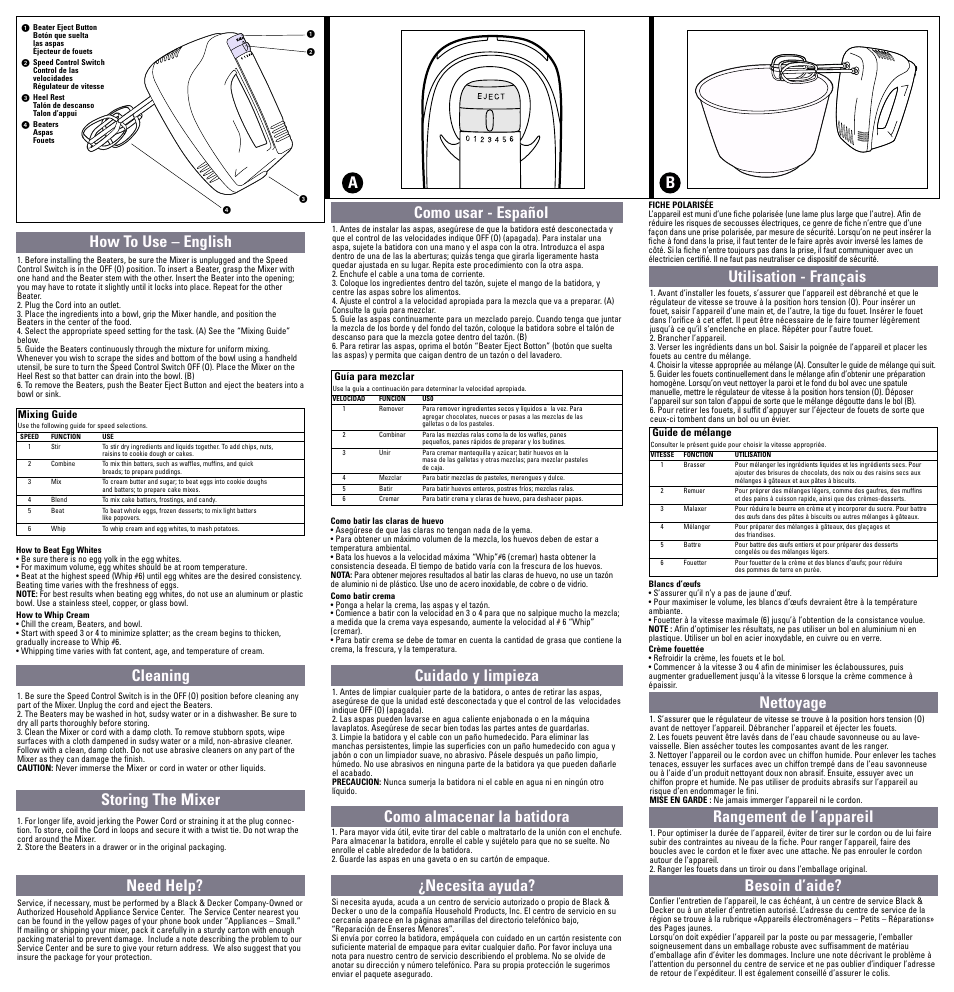 How to use, How to use – english cleaning, Storing the mixer | Rangement de l’appareil, Need help? como usar - español cuidado y limpieza, Necesita ayuda? utilisation - français nettoyage, Besoin d’aide? b a, Como almacenar la batidora | Black & Decker MX20 User Manual | Page 7 / 9